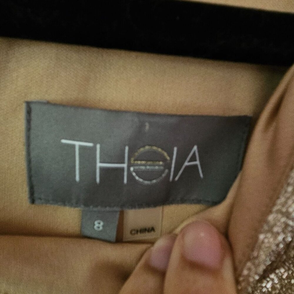 THEIA Gold Sparkle draped short sleeve midi party cocktail dress size 8 NWT - Picture 8 of 13